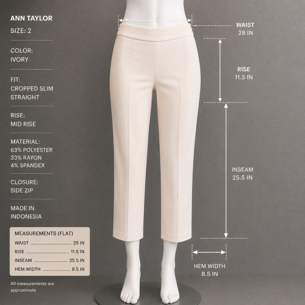 Ann Taylor Ivory Cropped Straight Leg Career Pants Stretch Side Zip 2 Minimalist - Picture 10 of 14
